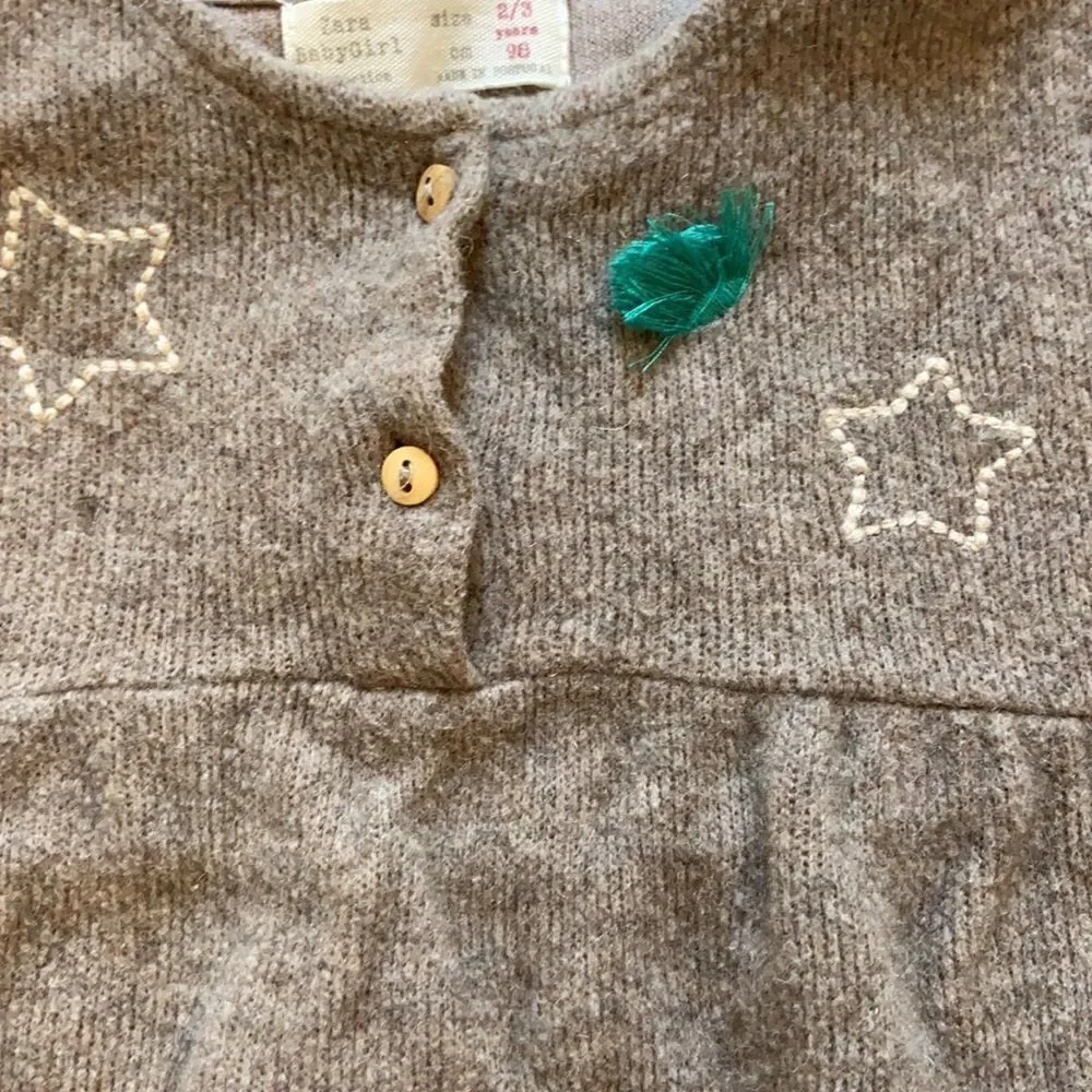 Zara sweater dress size 2 to 3 Light Brown embroidered stars tassels wool cotton